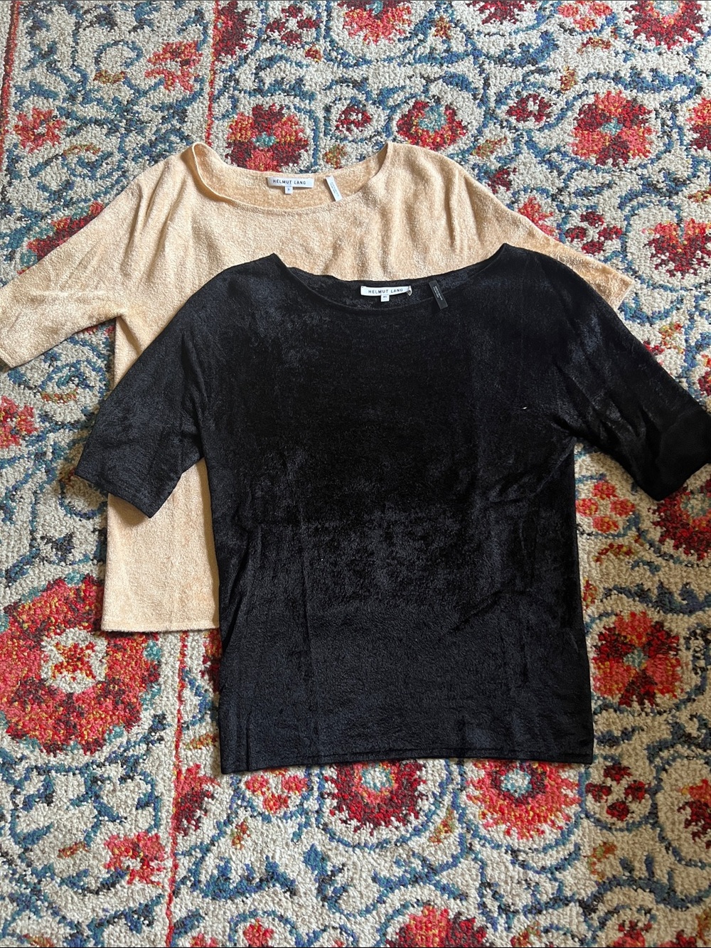 Helmut Lang Black and Cream Short Sleeve Velvet Tee Duo